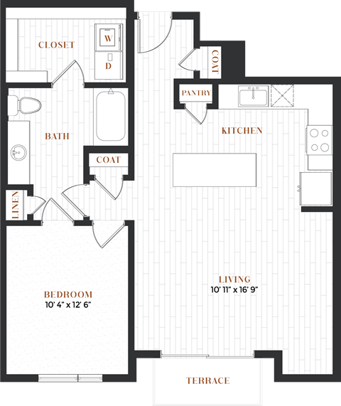 Floor plan for 1 bed, 1 bath, 839 sqft